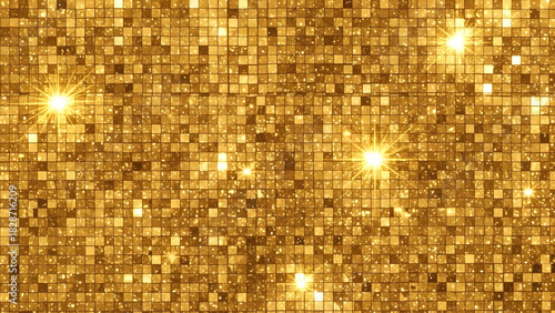 A shimmering golden background with sparkling square tiles and bright starburst light reflections.