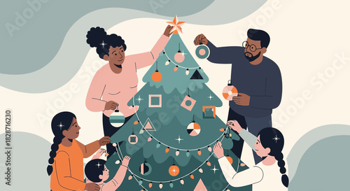 Family gathering decorating the Christmas tree with joy and festive spirit together during the