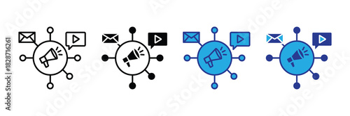 Digital marketing hub with megaphone, email, and video icons connecting to central network - conceptual illustration of communication channels