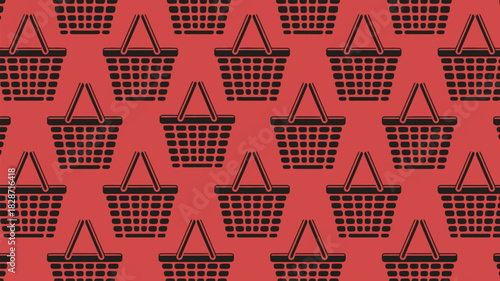Vibrant red seamless pattern of shopping baskets for retail promotions and online sales events, perfect for backgrounds and branding assets
