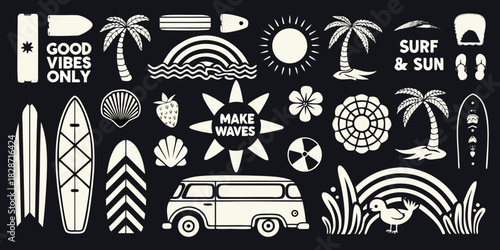 Collection of retro surf and beach icons including surfboards palm trees sun van and positive summer vibes