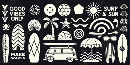 Collection of summer beach and surf icons with good vibes and make waves text