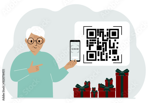 A man holds a mobile phone in his hand with the text scan me and scans the qr code, which is located nearby. Vector flat illustration