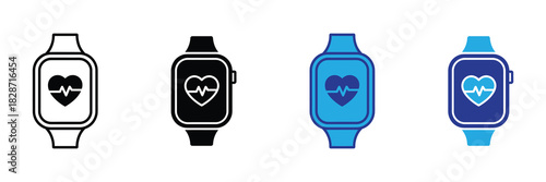 Four different style icons of a smartwatch displaying a heart rate monitor icon, symbolizing health and fitness tracking technology.