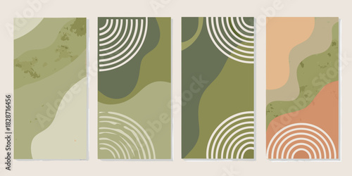 Set of four abstract organic shapes and minimalist line art illustrations in earthy tones