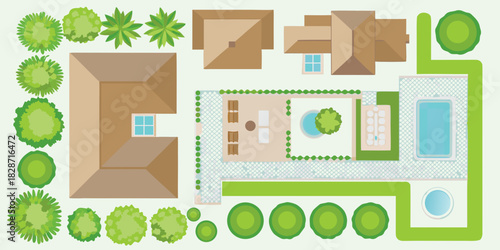 Top down view of a modern house with a swimming pool and landscaped garden design
