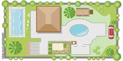 Top view illustration of a modern house with a swimming pool patio garden and driveway