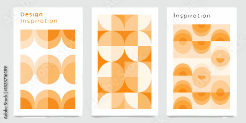Three abstract geometric posters featuring orange and cream color palettes and modern design elements