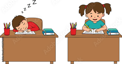 Boy sleeping at desk, girl writing in notebook, classroom activity, study time, school illustration, learning, focus, tired student moment