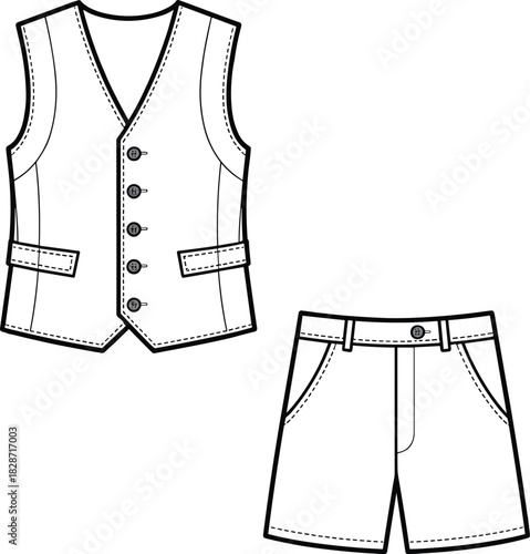 Boy’s formal waistcoat and shorts set flat sketch, fashion cad vector, front view tailored outfit for kidswear design illustration