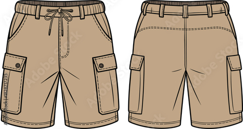Boys cargo shorts vector flat sketch with pockets, drawstring waist, front and back view, fashion CAD design illustration