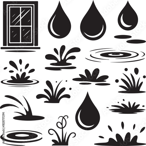 Black and white vector set of window water drops and splashes