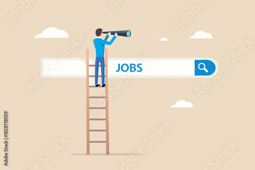 Man on ladder looking through telescope at jobs search bar symbolizing career search and opportunity