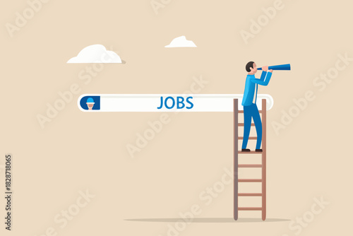 Man on ladder looking through telescope at jobs search bar with clouds in background