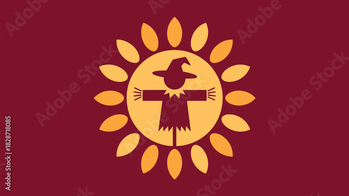 Harvest celebration design element with scarecrow and sunflower petals on burgundy backdrop, perfect for fall festivals and autumn-themed promotions