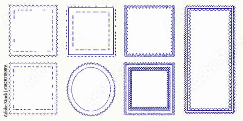 Collection of eight hand drawn decorative blue borders and frames on a white background