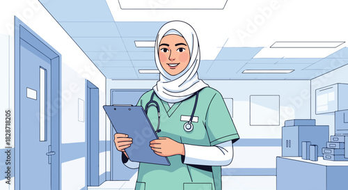 Illustration of a smiling female doctor wearing a hijab and scrubs, holding a clipboard in a hospital hallway.