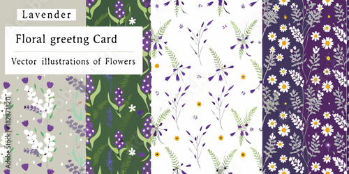 Collection of elegant floral greeting card vector illustrations featuring lavender and daisy patterns
