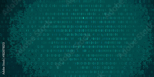 Abstract digital background with teal binary code and grunge texture effect