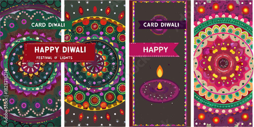 Set of four colorful and decorative diwali greeting cards with traditional indian mandala patterns and festival of lights motifs