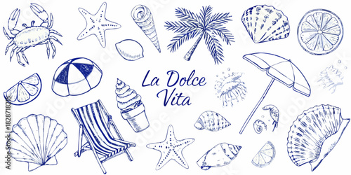 Charming hand drawn beach elements and la dolce vita text in blue ink