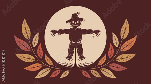 Charming autumn scarecrow with fall leaves for seasonal designs, inviting warmth and rustic charm for a cozy, harvest-themed aesthetic this season