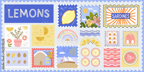 Collection of whimsical postage stamps featuring lemons sardines rainbows and mediterranean scenes