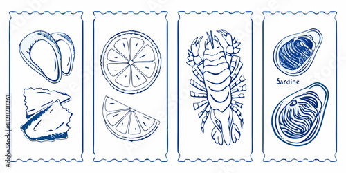 Hand drawn blue line art illustrations of oysters lemon slices lobster and sardines in decorative frames