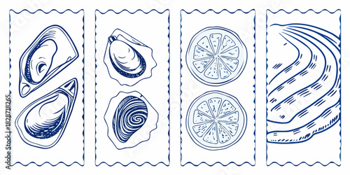 Artistic blue line drawing of oysters and lemon slices with a shell pattern border