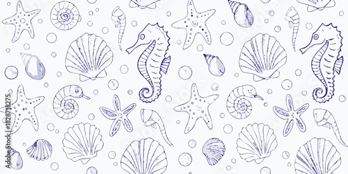 Charming hand drawn blue ink sketch of seahorses starfish shells and bubbles seamless pattern