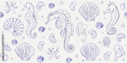 Charming hand drawn seahorse and seashell pattern with bubbles and coral elements