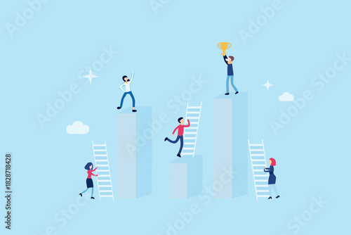 Diverse group of people climbing ladders to reach success and achieve goals on a bar chart