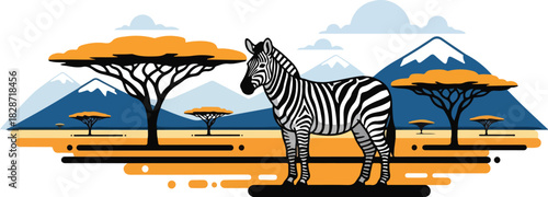 A stylized illustration of a zebra standing in an African savanna landscape with mountains.