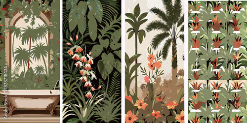 Exotic botanical garden scene with a vintage bathtub and lush tropical foliage in a decorative panel design