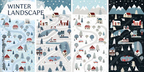 Charming winter village scenes with snowy landscapes and cozy houses