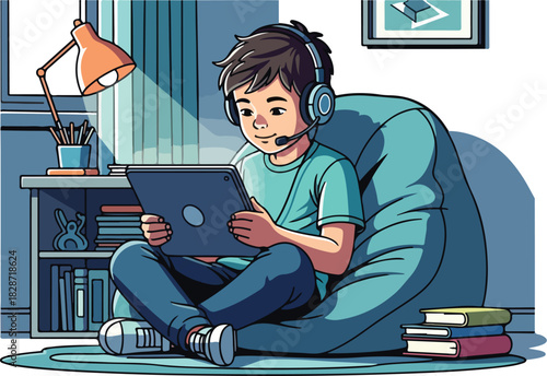 Boy with headphones sits cross-legged on a beanbag chair, holding a tablet and looking at the screen in a cozy room.
