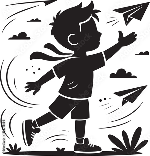 Boy playing with paper airplanes full of dreams and imagination vector