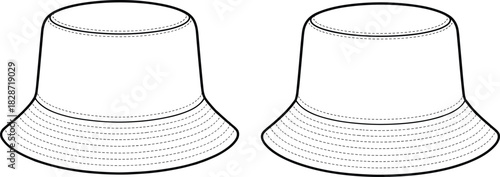 Bucket hat fashion flat sketch with topstitch detail, CAD drawing vector illustration, technical hat design template for headwear apparel