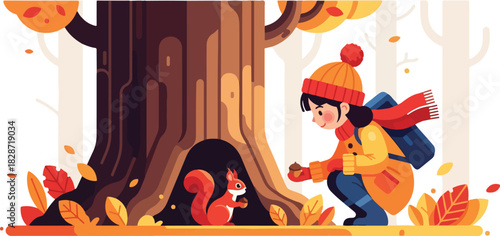 A young person in warm clothing interacting with a squirrel near a tree.
