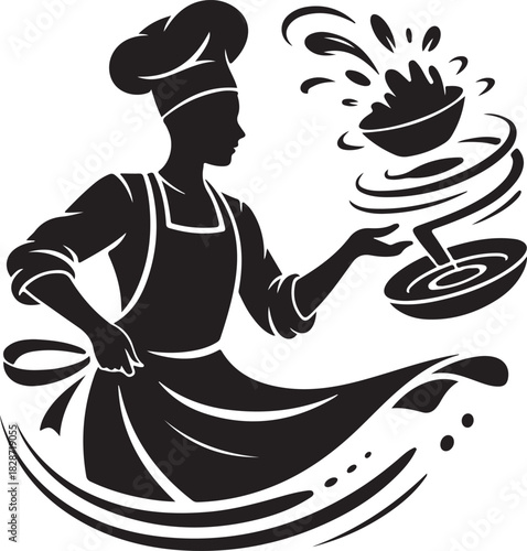 Chef Silhouette Preparing Food with Bowl and Spatter Isolated Design