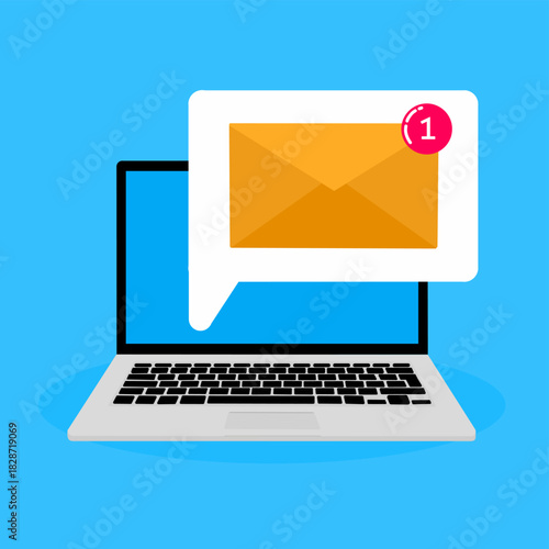 laptop receiving a new email message with a notification bubble showing one unread message