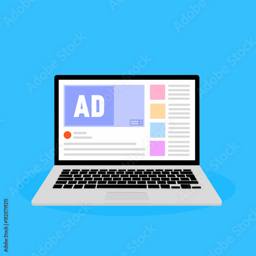 Laptop Displaying Online Advertisement. laptop screen showing an online advertisement layout with text blocks, colorful sidebar elements, and a clean interface.