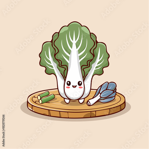 Cute Bok Choy Character Illustration with Chopped Vegetables on a Wooden Cutting Board