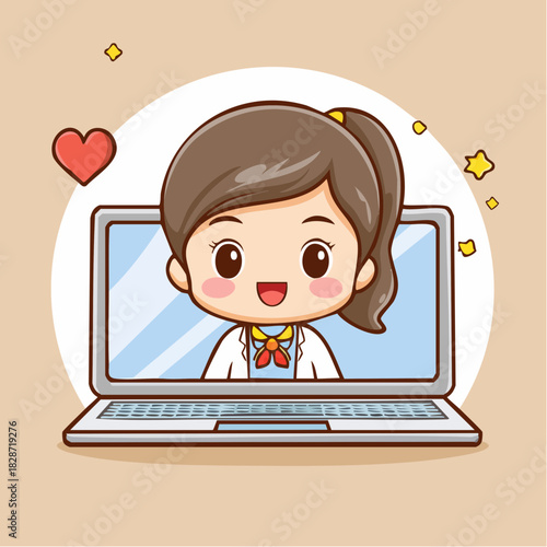 Telemedicine Cute Doctor Cartoon Vector Illustration on Laptop Screen