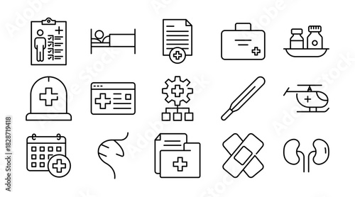 Medical Line Icon Set. Healthcare, doctor, nurse, hospital, pharmacy, medicine, pills, treatment, cardiology, insurance, lab test, health awareness icons vector illustration. Pixel-perfect stroke