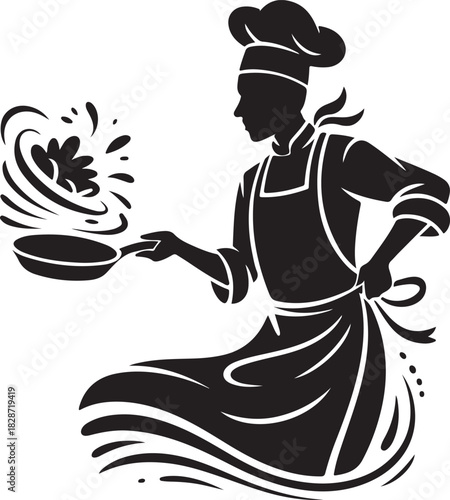 Chef Tossing Food in a Pan Silhouette Art Illustration Black and White
