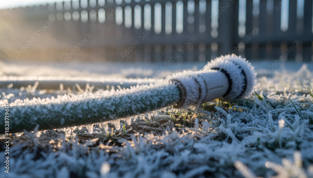 Obraz premium Frozen garden hose covered in ice crystals on frosty grass. Winter morning sunlight in backyard. Cold weather concept