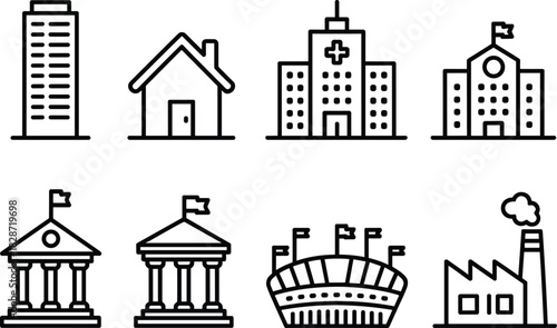 Building icons vector, office building, house symbol, hospital icon, school building, government building, stadium illustration, factory with smoke, architecture symbols