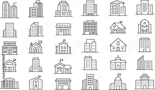 Building icons set, office building vector, house line art, school symbol, government building illustration, real estate design, architecture icon set