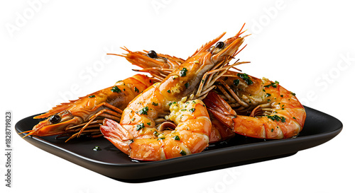 Three cooked shrimp garnished with herbs displayed on a dark plate on transparent background